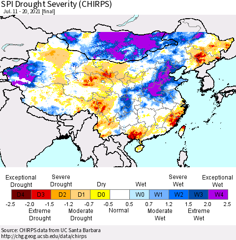China, Mongolia and Taiwan SPI Drought Severity (CHIRPS) Thematic Map For 7/11/2021 - 7/20/2021