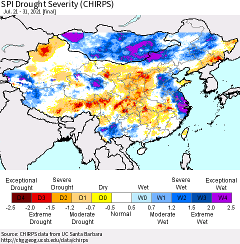 China, Mongolia and Taiwan SPI Drought Severity (CHIRPS) Thematic Map For 7/21/2021 - 7/31/2021