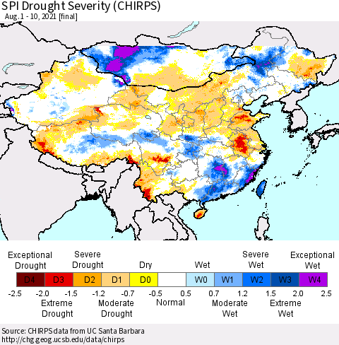 China, Mongolia and Taiwan SPI Drought Severity (CHIRPS) Thematic Map For 8/1/2021 - 8/10/2021