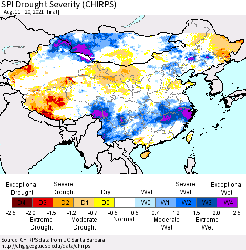 China, Mongolia and Taiwan SPI Drought Severity (CHIRPS) Thematic Map For 8/11/2021 - 8/20/2021
