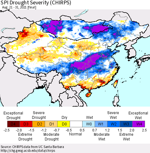 China, Mongolia and Taiwan SPI Drought Severity (CHIRPS) Thematic Map For 8/21/2021 - 8/31/2021