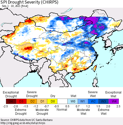 China, Mongolia and Taiwan SPI Drought Severity (CHIRPS) Thematic Map For 9/1/2021 - 9/10/2021