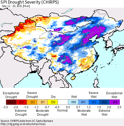 China, Mongolia and Taiwan SPI Drought Severity (CHIRPS) Thematic Map For 9/11/2021 - 9/20/2021
