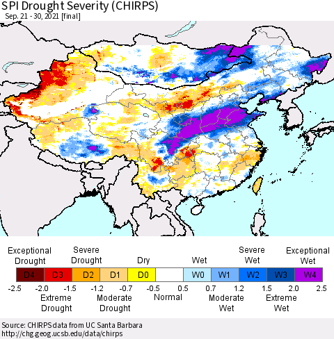 China, Mongolia and Taiwan SPI Drought Severity (CHIRPS) Thematic Map For 9/21/2021 - 9/30/2021