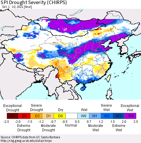 China, Mongolia and Taiwan SPI Drought Severity (CHIRPS) Thematic Map For 10/1/2021 - 10/10/2021