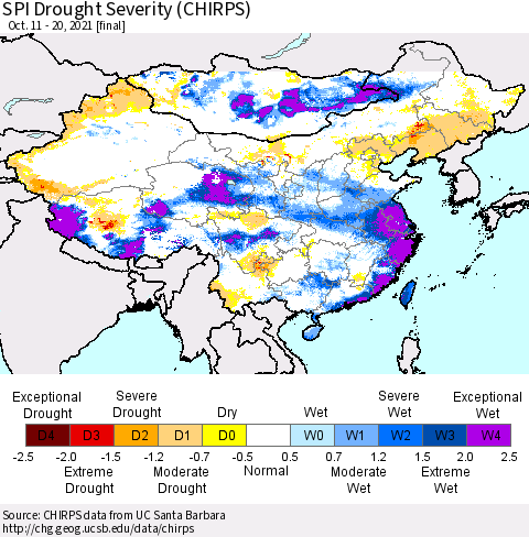 China, Mongolia and Taiwan SPI Drought Severity (CHIRPS) Thematic Map For 10/11/2021 - 10/20/2021