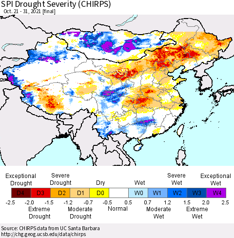 China, Mongolia and Taiwan SPI Drought Severity (CHIRPS) Thematic Map For 10/21/2021 - 10/31/2021