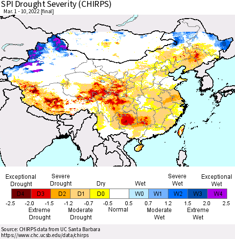 China, Mongolia and Taiwan SPI Drought Severity (CHIRPS) Thematic Map For 3/1/2022 - 3/10/2022