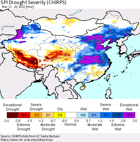 China, Mongolia and Taiwan SPI Drought Severity (CHIRPS) Thematic Map For 3/11/2022 - 3/20/2022