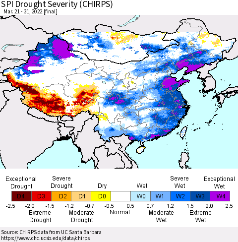 China, Mongolia and Taiwan SPI Drought Severity (CHIRPS) Thematic Map For 3/21/2022 - 3/31/2022