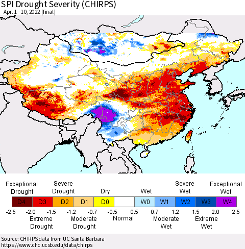 China, Mongolia and Taiwan SPI Drought Severity (CHIRPS) Thematic Map For 4/1/2022 - 4/10/2022