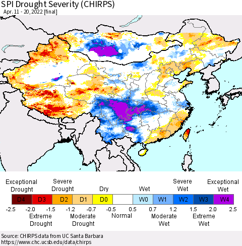 China, Mongolia and Taiwan SPI Drought Severity (CHIRPS) Thematic Map For 4/11/2022 - 4/20/2022