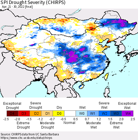 China, Mongolia and Taiwan SPI Drought Severity (CHIRPS) Thematic Map For 4/21/2022 - 4/30/2022