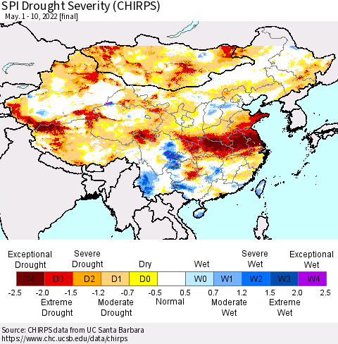 China, Mongolia and Taiwan SPI Drought Severity (CHIRPS) Thematic Map For 5/1/2022 - 5/10/2022
