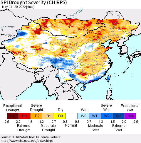 China, Mongolia and Taiwan SPI Drought Severity (CHIRPS) Thematic Map For 5/11/2022 - 5/20/2022