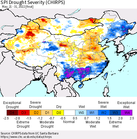 China, Mongolia and Taiwan SPI Drought Severity (CHIRPS) Thematic Map For 5/21/2022 - 5/31/2022
