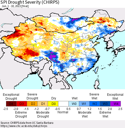 China, Mongolia and Taiwan SPI Drought Severity (CHIRPS) Thematic Map For 6/1/2022 - 6/10/2022