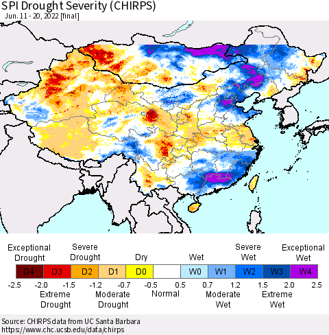 China, Mongolia and Taiwan SPI Drought Severity (CHIRPS) Thematic Map For 6/11/2022 - 6/20/2022