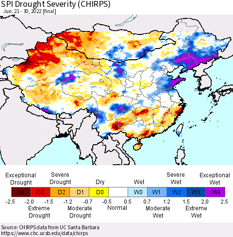 China, Mongolia and Taiwan SPI Drought Severity (CHIRPS) Thematic Map For 6/21/2022 - 6/30/2022