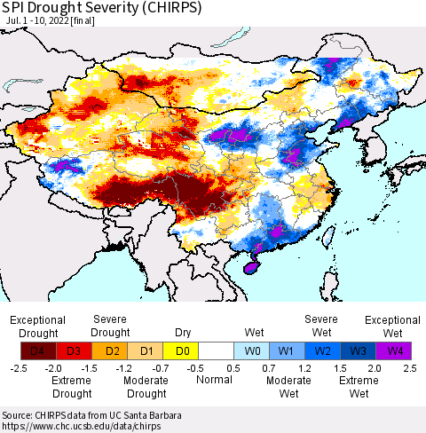 China, Mongolia and Taiwan SPI Drought Severity (CHIRPS) Thematic Map For 7/1/2022 - 7/10/2022