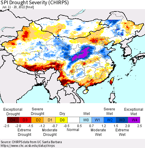 China, Mongolia and Taiwan SPI Drought Severity (CHIRPS) Thematic Map For 7/11/2022 - 7/20/2022