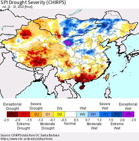 China, Mongolia and Taiwan SPI Drought Severity (CHIRPS) Thematic Map For 7/21/2022 - 7/31/2022