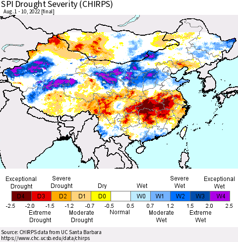 China, Mongolia and Taiwan SPI Drought Severity (CHIRPS) Thematic Map For 8/1/2022 - 8/10/2022