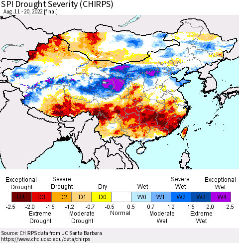China, Mongolia and Taiwan SPI Drought Severity (CHIRPS) Thematic Map For 8/11/2022 - 8/20/2022