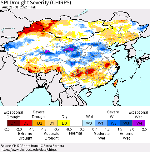 China, Mongolia and Taiwan SPI Drought Severity (CHIRPS) Thematic Map For 8/21/2022 - 8/31/2022