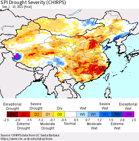China, Mongolia and Taiwan SPI Drought Severity (CHIRPS) Thematic Map For 9/1/2022 - 9/10/2022