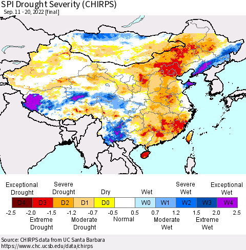 China, Mongolia and Taiwan SPI Drought Severity (CHIRPS) Thematic Map For 9/11/2022 - 9/20/2022