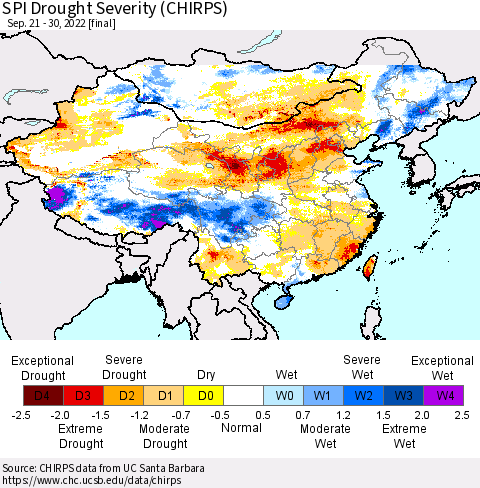 China, Mongolia and Taiwan SPI Drought Severity (CHIRPS) Thematic Map For 9/21/2022 - 9/30/2022