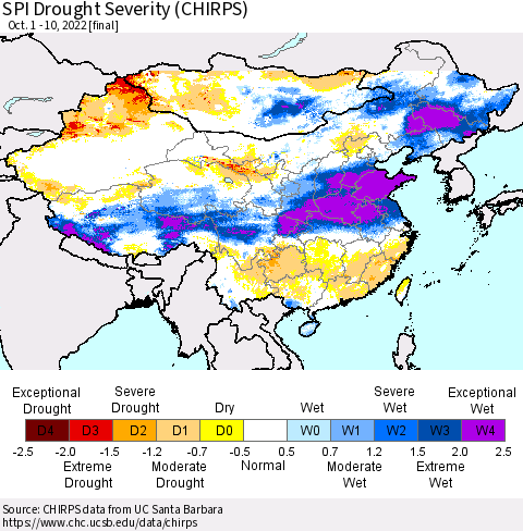 China, Mongolia and Taiwan SPI Drought Severity (CHIRPS) Thematic Map For 10/1/2022 - 10/10/2022