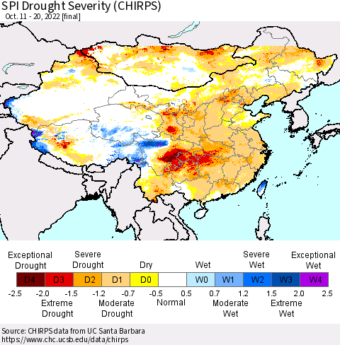 China, Mongolia and Taiwan SPI Drought Severity (CHIRPS) Thematic Map For 10/11/2022 - 10/20/2022
