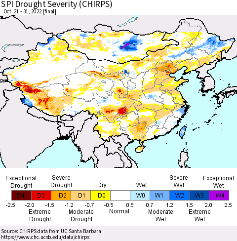 China, Mongolia and Taiwan SPI Drought Severity (CHIRPS) Thematic Map For 10/21/2022 - 10/31/2022