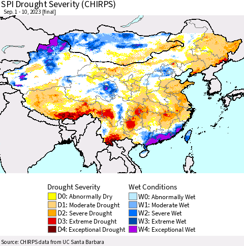 China, Mongolia and Taiwan SPI Drought Severity (CHIRPS) Thematic Map For 9/1/2023 - 9/10/2023