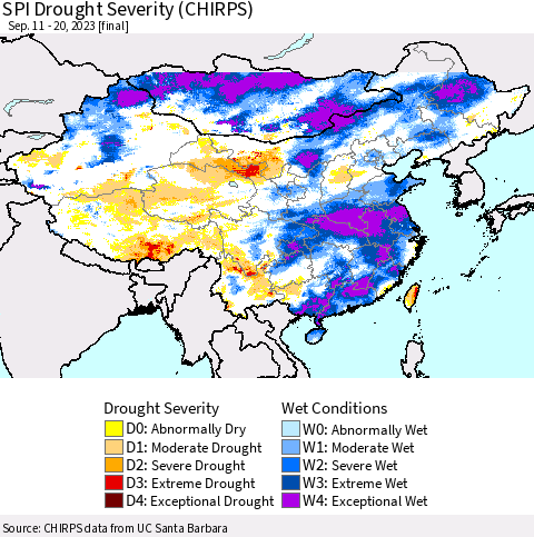 China, Mongolia and Taiwan SPI Drought Severity (CHIRPS) Thematic Map For 9/11/2023 - 9/20/2023