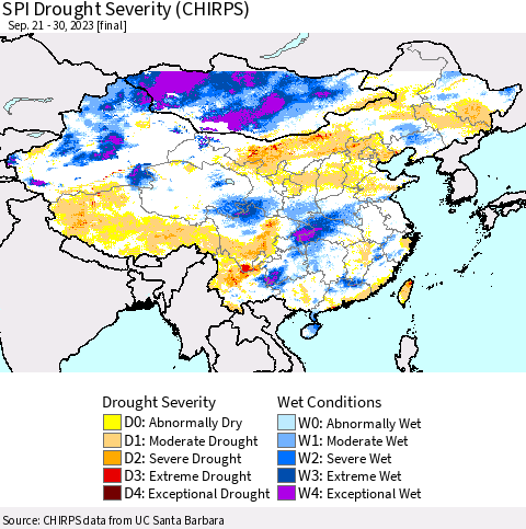 China, Mongolia and Taiwan SPI Drought Severity (CHIRPS) Thematic Map For 9/21/2023 - 9/30/2023