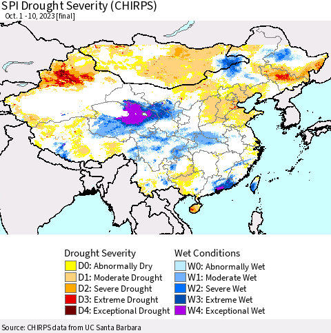 China, Mongolia and Taiwan SPI Drought Severity (CHIRPS) Thematic Map For 10/1/2023 - 10/10/2023