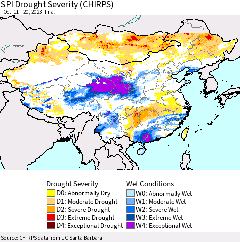 China, Mongolia and Taiwan SPI Drought Severity (CHIRPS) Thematic Map For 10/11/2023 - 10/20/2023