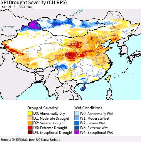 China, Mongolia and Taiwan SPI Drought Severity (CHIRPS) Thematic Map For 10/21/2023 - 10/31/2023