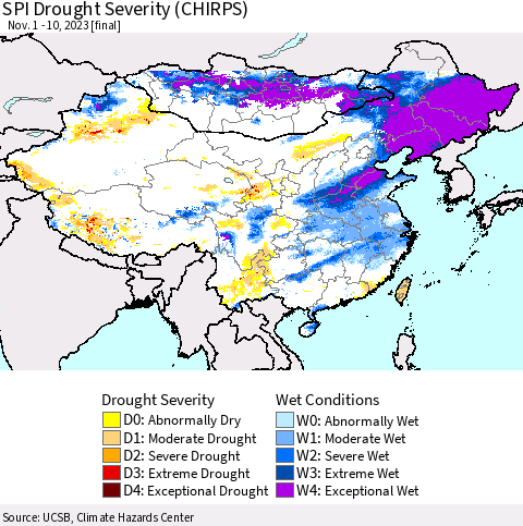 China, Mongolia and Taiwan SPI Drought Severity (CHIRPS) Thematic Map For 11/1/2023 - 11/10/2023
