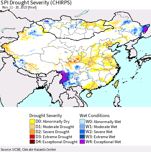 China, Mongolia and Taiwan SPI Drought Severity (CHIRPS) Thematic Map For 11/11/2023 - 11/20/2023