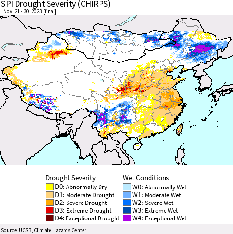 China, Mongolia and Taiwan SPI Drought Severity (CHIRPS) Thematic Map For 11/21/2023 - 11/30/2023