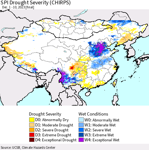 China, Mongolia and Taiwan SPI Drought Severity (CHIRPS) Thematic Map For 12/1/2023 - 12/10/2023