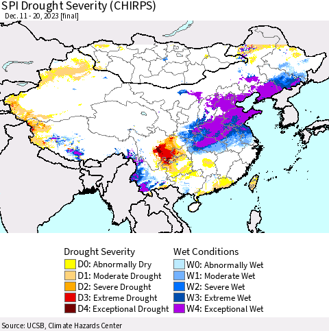 China, Mongolia and Taiwan SPI Drought Severity (CHIRPS) Thematic Map For 12/11/2023 - 12/20/2023