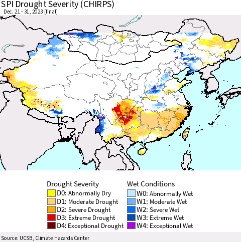 China, Mongolia and Taiwan SPI Drought Severity (CHIRPS) Thematic Map For 12/21/2023 - 12/31/2023