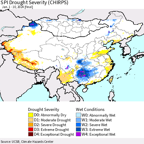 China, Mongolia and Taiwan SPI Drought Severity (CHIRPS) Thematic Map For 1/1/2024 - 1/10/2024