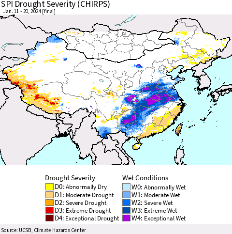 China, Mongolia and Taiwan SPI Drought Severity (CHIRPS) Thematic Map For 1/11/2024 - 1/20/2024