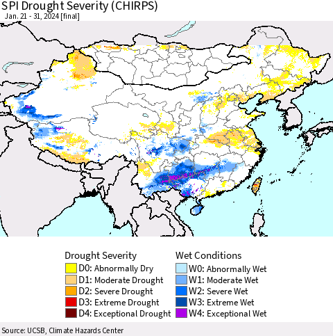 China, Mongolia and Taiwan SPI Drought Severity (CHIRPS) Thematic Map For 1/21/2024 - 1/31/2024